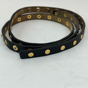 Adjustable Black Leather Belt Gold Metal Snaps Studs Skinny 1/4"
